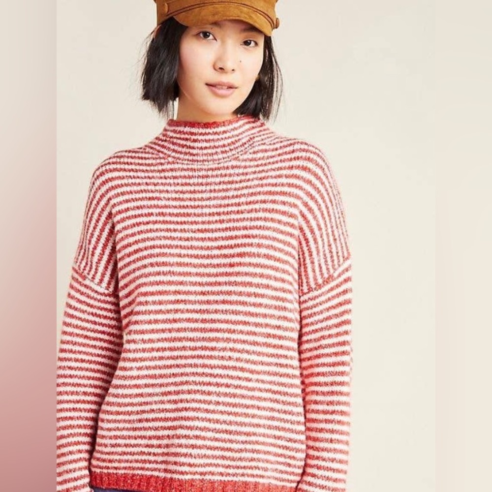 Anthropologie Womens Linnea Mock Neck Sweater XS Red White Stripe
